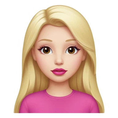 a girl with long eyelashes a pink outfit, long blonde hair, and big lips with red lipstick sticker