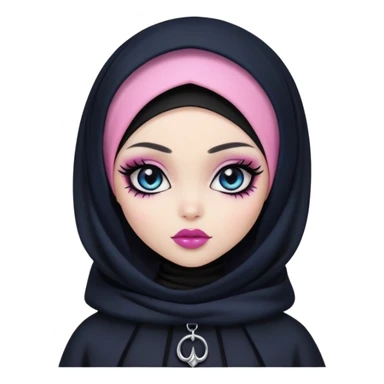 pretty bratz girl, black hijabi, dark blue eyes, pink lips, black eyeliner, pale skin, black gothic clothes sticker