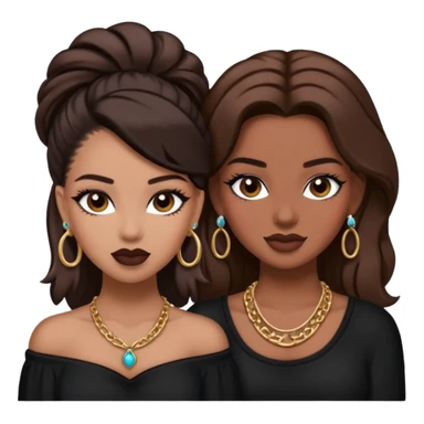 Boujy baddie best friends, trendy heavy makeup both dark hair one light skinned and one mocha brown pretty hair style both wearing black and earrings and necklace one mocha brown skin sticker