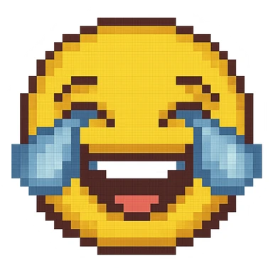 Create a cry-laughing emoji with large blue tears streaming from the eyes in pixel art style. The emoji should have no background and keep the original pixel art style look. sticker