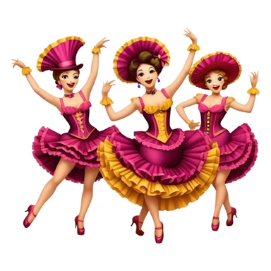 Cinematic Realistic Can-can Dance Emoji, depicted as a lively cabaret dance scene with flouncy costumes and dynamic energetic movement, rendered with vibrant textures and playful theatrical lighting that captures the spirit of French cabaret. sticker
