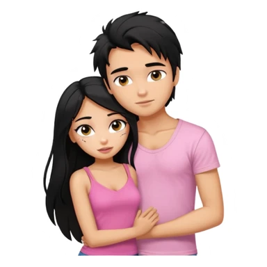 generate a pretty tan bratz boy with messy black hair wearing a white tshirt. Hugging a fair girl with long black hair, eyeliner, wearing a pink cami.  sticker