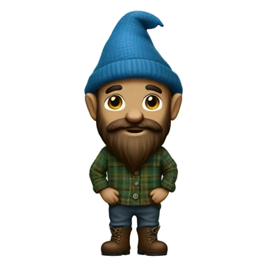 Full body gnome, dark beard, brown eyes, young, with a blue woolen hat, brown boots and a green plaid shirt. The body should be cartoonish and not realistic. sticker
