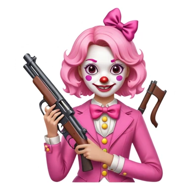 Smiling girl with clown face holding a gun with a bow with pink clothes on sticker