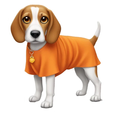 Beagle wearing an orange dress sticker