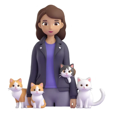 Light-skinned girl with brown straight hair wearing a black jacket, along with one pure white cat and one calico cat sticker