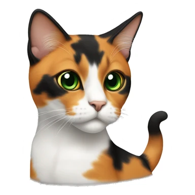 calico cat with green eyes.  a distinct black pattern around her eyes, The orange fur on her face extends from her forehead down to her mouth, creating a. Her chest and front legs are mostly white, sticker