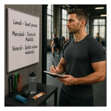 Athletic 30-year-old man in a modern gym, near a whiteboard with a weekly plan in Italian: 'Lunedì – Squat pesante', 'Mercoledì – Tecnica & Mobilità', 'Venerdì – Spinta volume moderato'. He observes the plan calmly, wearing sportswear, holding a pen and notebook. Around him: resistance bands, mobility tools, water bottle, protein bar. Strong and relaxed posture. Other athletes in the background. Natural light, fitness-lifestyle style, slightly cinematic. sticker