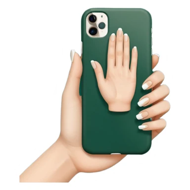 female hand with nude manicure (5 fingers) holding a white iPhone in a dark green case, angled view, minimalism, emoji style sticker