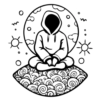 Hooded figure on cosmic earth surface, psychedelic patterns and energy flowing beneath, surreal sky above sticker