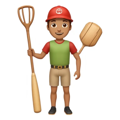 Make a wooden tube with a face and wooden legs and arms and a bat sticker