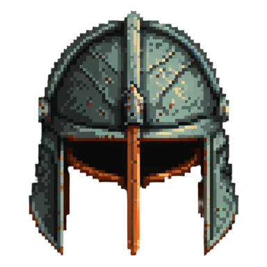 Ancient knight's helmet with light rust patina and worn appearance sticker