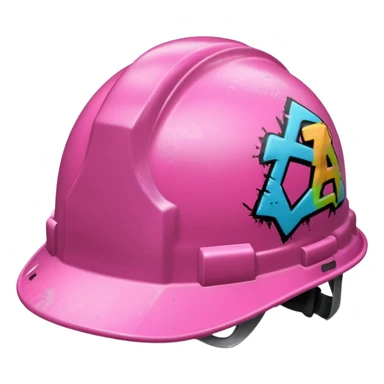 pink hard hat with graffity sticker
