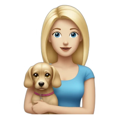 Blond woman with blue eyes with a small blond dog sticker