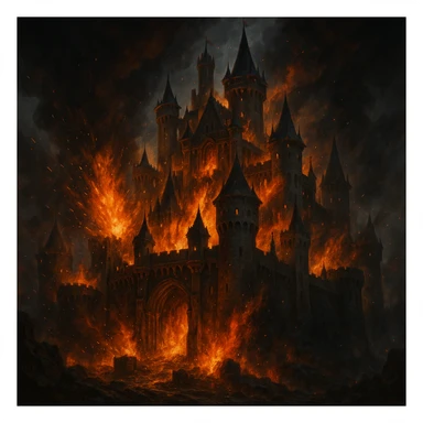 castle burning, fantasy art style, glowing embers sticker