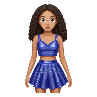 Solange with dark brown long hair, periwinkle sequin crop top and skirt sticker