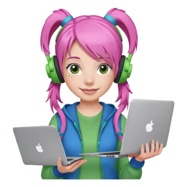 Create an emoji of a woman with pink hair tied into two pigtails. She is a game streamer, wearing green headphones, holding a MacBook, and dressed in a blue outfit. sticker