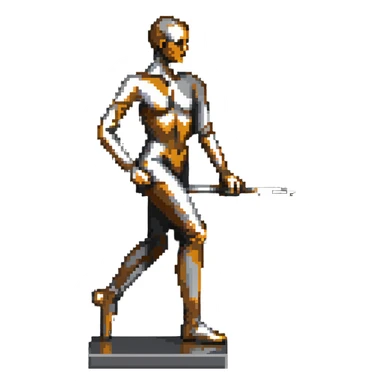 A paintbrush transforming into a silver metallic human silhouette sculpture with bronze accents, symbol of artistic identity sticker