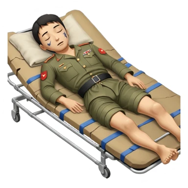 wounded man of oriental appearance, dressed in torn clothes, full length, with closed eyes, head lying on stretcher, in prone position, with injuries on black military stretcher, 1980 sticker
