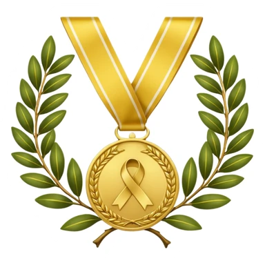 A golden medal with a glossy finish, featuring a central gold awareness ribbon symbol. The ribbon is surrounded by two laurel branches, one on each side, adding a touch of prestige. At the bottom, a small ornamental 'X' symbol completes the design sticker