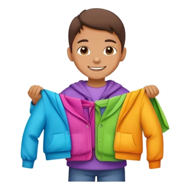 child folding colorful clothes, smiling, organized sticker