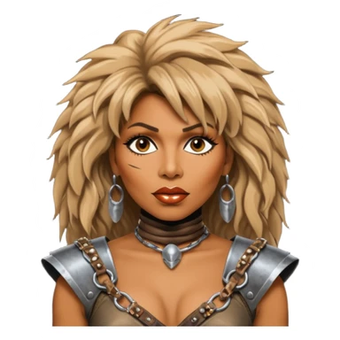 solarpunk ultra HD - portrait of Tina Turner in costume from the movie Mad Max Beyond Thunderdome, dramatic backlit by bronze spotlights sticker