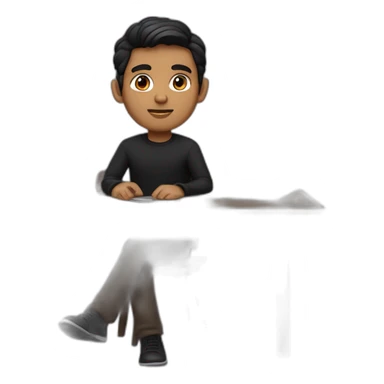    memoji of a man with a laptop in front, apple-style,modern,dark hair,black sweater,computer in hand, srilankan brown skin, sitting on his desk, dark brown eyes sticker