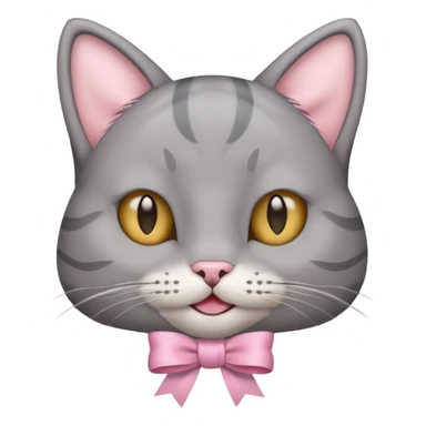 Head of a grey cat, smiling, with a loose ribbon on top of its head sticker
