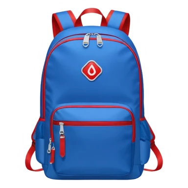 blue backpack with two diveded logo (leftside white, right side red) at the bottom pocket

 sticker
