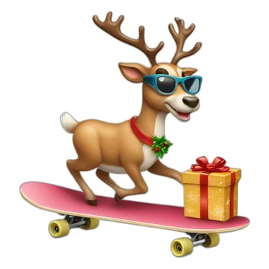 Reindeer wearing sunglasses delivering Christmas gift on skateboard sticker
