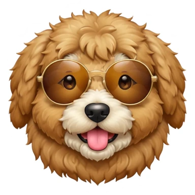 Create a  circle mini golden doodle dog with brown eyes tan fur emoji  sticking its tongue out with sunglasses on sticker