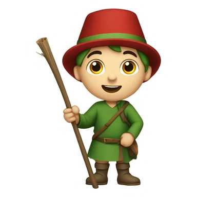 13th century European pilgrim boy with staff, red stockings, short green tunic and green hat, saying hurrah sticker