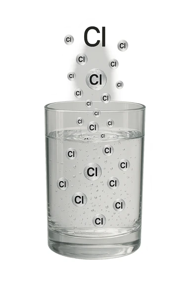un bicchiere di acqua fluttua in aria realistico e dettagliato, dentro l'acqua del bicchiere ci sono particelle di cloro ben visibili con la scritta "Cl" sopra, ci sono particelle anche che escono dal bicchiere e fluttuano in aria verticalmente, mentre alcune sono all'interno dell'acqua nel bicchiere, iperrealistico 4k sticker