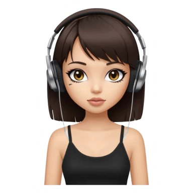 generate a pretty bratz girl in black cami top, dark brown straight bob hair with bangs, eyeliner on, listeninh to music sticker