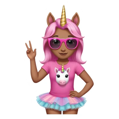 friendly anthropomorphised female unicorn in tutu and pink t-shirt, wearing dark sunglasses, standard pose, head and shoulders portrait sticker