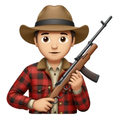 Man wearing buffalo plaid jacket and hat, with rifle sticker
