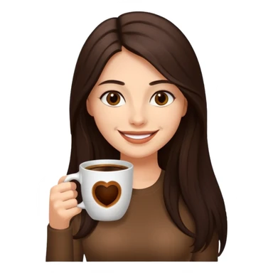 Straight Dark Brown long haired sexy woman smiling with dark brown eyes with cup of coffee sticker