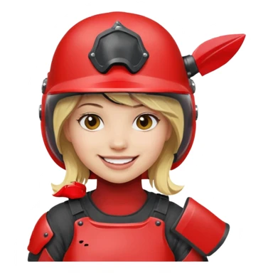 blond girl playing paintball with red paintball helmet, only face sticker
