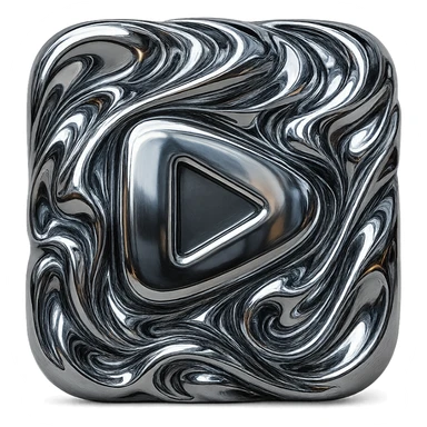 abstract chrome play button with swirling metallic forms and luminous effect sticker