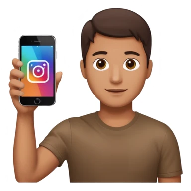 A man in frontal view holding up one iPhone toward the camera. The screen of the iPhone clearly displays the Instagram logo, brightly illuminated.  sticker