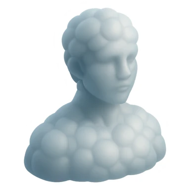 person looking straight, composed entirely of white fluffy convex clouds, shoulders up, matte glass style sticker