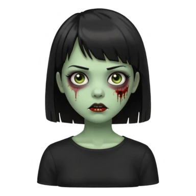 Zombie girl emoji verde com cabelo curto liso preto no ombro e franja na altura da sobrancelha com uma blusa preta sticker