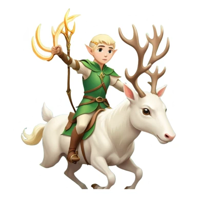 clash-of-clans-aesthetic-blond-male elf-archer-portrait-emoji, rendered in a flat, vector-style with minimal shading and bold, simplified shapes, head tilted slightly forward with a determined, focused expression, riding a majestic white stag whose antlers glow with mystical energy, set against an ancient, enchanted forest backdrop. sticker