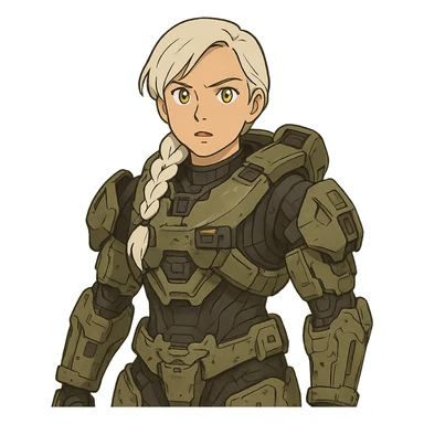 female, wearing reach spartan armor default, long white braid hair, gold yellow eyes, attention pose, halo series, no helmet sticker