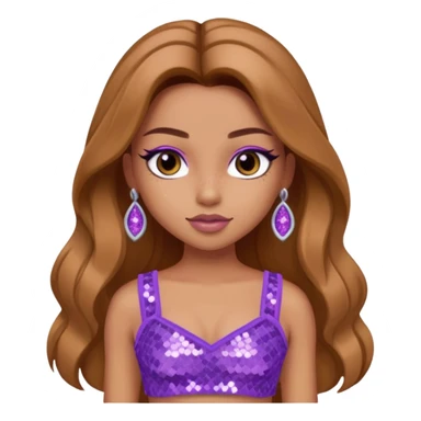 Yasmin from Bratz with long light brown hair, tan skin, brown eyes, lilac sequin crop top sticker