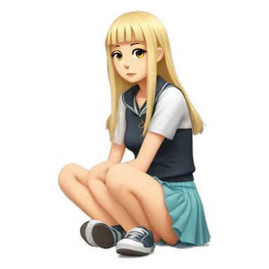 anime girl sad full body, Mini skirt, sits on the floor straight view sticker