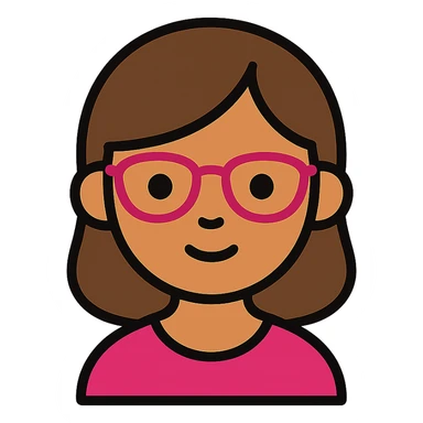 girl with medium brown hair and brown eyes, wearing pink glasses, simple flat icon style sticker