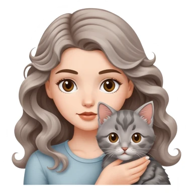 A beautiful  white girl with big brown waves and  a gray kitten and tococo sticker