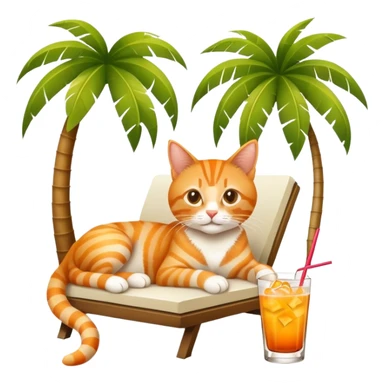 Orange tabby cat lounging under a palm tree with a mai tai tropical drink sticker