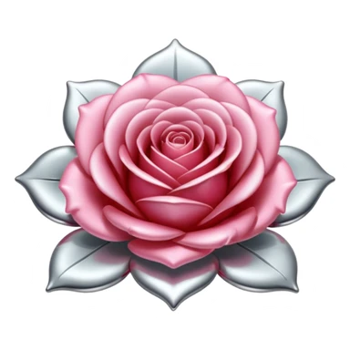 A rose emoji made of liquid silver metal, smooth metallic petals, reflective chrome surface, soft gradients, elegant shape, minimalistic iOS emoji style, centered, clean white background, realistic highlights, no text sticker